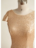 Cap Sleeves Champagne Sequin V Back Affordable Bridesmaid Dress
